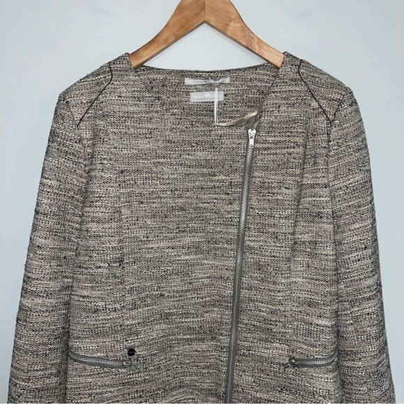 IKKS Pure Edition Jacket‎ Women's Size XL Beige Tweed Silver Asymmetric Zipper - Picture 3 of 13